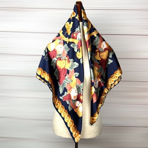 Silk Satin Navy Blue Square Scarf Fruits and Golden Leaves Print - Picture 8 of 10